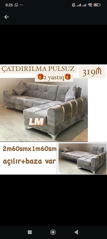 trimo mebel: Künc divan – açılır mexanizmli və bazalı model. - Ölçü: 2 m 60 sm x 1 — 1