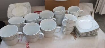 Ovçuluq və balıqçılıq: Porcelan yemək və çay dəsti - Klassik ağ rəngdə, gümüşü naxışlı — 1