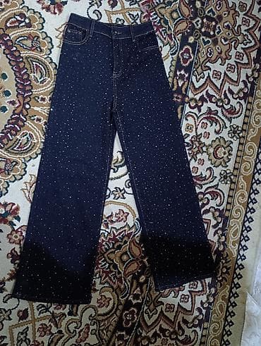 Qara denim şalvar – parıltılı daş naxışlı - Material: qalın denim -