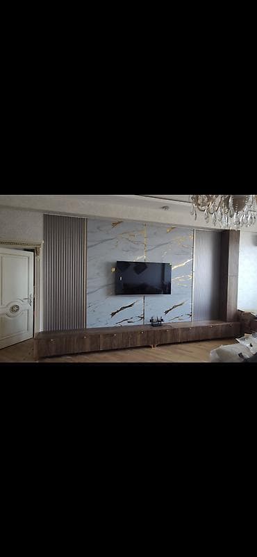 stul ev ucun: Mərmər naxışlı TV stendi və dekor panel dəsti - Kompozisiya: divar — 2