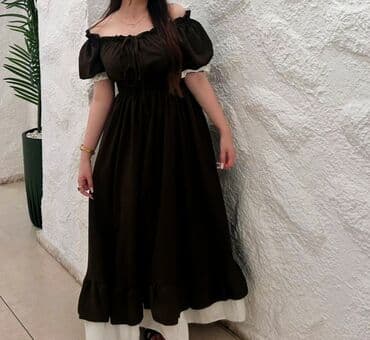 женские платья из вискозы: Qadın geyimi – ofşoulder maxi don - Rəng: tünd qəhvəyi, ətək və qol — 1