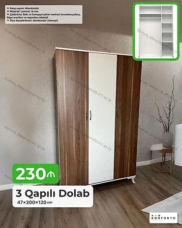 3 qapılı paltar dolabı – 47×200×120 sm - Dizayn: iki tərəfi taxta