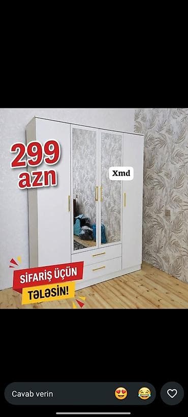 qusar mebel: Ağ rəngli 3 qapılı paltar şkafı - Ön hissədə iki böyük güzgü paneli - — 1