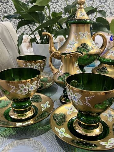 çay serviz: Çay dəsti, rəng - Yaşıl, Bohemia, 6 nəfərlik, Çexiya — 11