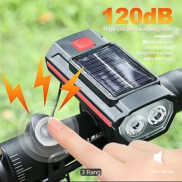 velosiped ucun ses: Velosiped üçün günəş paneli ilə ön fara + 120 dB siqnal + arxa fənər — 5