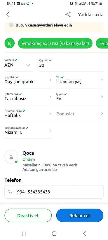 Xadimə tələb olunur, Təcrübəsiz, Dəyişən qrafik lalafo.az -da Xadimə tələb olunur, Təcrübəsiz, Dəyişən qrafik