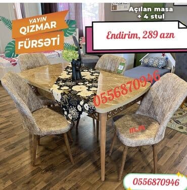 oturacağı: Mətbəx üçün, Yeni, Açılmayan, Dördbucaq masa, 4 stul — 6