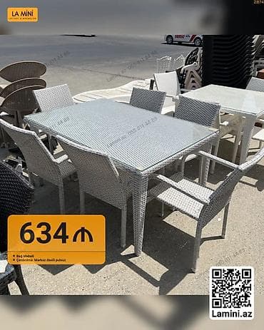 Bağ mebeli dəsti – 1 masa + 6 kreslo - Rəng: boz (rattan toxunuşlu — 1