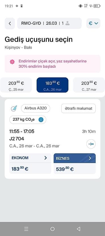 Turizm: Kişinyov – Bakı birbaşa uçuşu – Tarix: 26 mart (C.A.) – Reys: J2 — 1