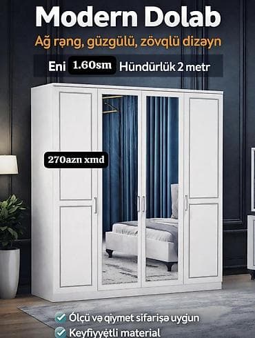 Ev üçün mebel: Modern Dolab – ağ rəng, güzgülü, zövqlü dizayn - Eni: 1.60 sm - — 1