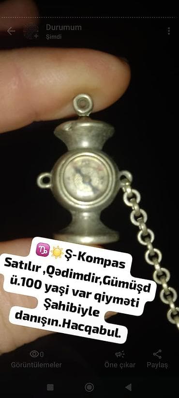 Qədimi gümüş mini kompas asqı - Material: gümüş rəngli metal (asqı və