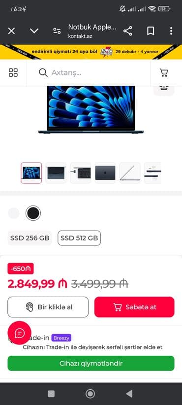 en ucuz apple macbook: Apple MacBook Air 13 M4 Silver MW0X3RU/ A SSD 512GB Teze Gutuda — 8