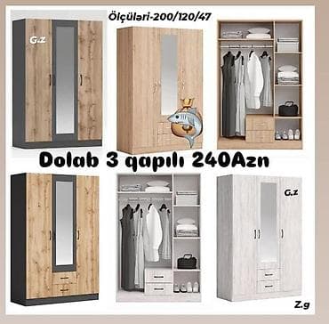 Dolab – 3 qapılı, güzgülü model - Ölçülər: 200/120/47 sm - Ön hissədə