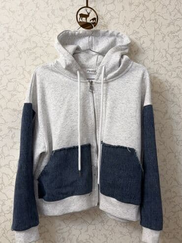 son model kurtkalar: Kapüşonlu zipli sweatshirt - Rəng: açıq boz, tünd denim mavisi — 1