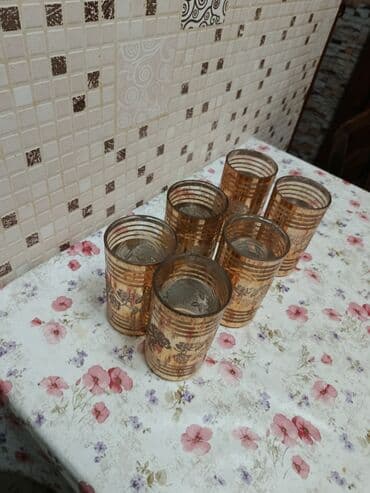 Çaydanlar və qəhvədanlar: Stəkanlar, rəng - Qızılı, Şüşə, 6 ədədli dəst, 200 ml, SSRİ — 2
