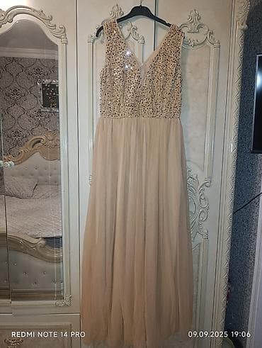 Zərif ziyafət/gecə paltarı – şampan/bej rəngdə - Uzun, axıcı ətək