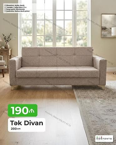 Диваны: Tək Divan – 200 sm Xüsusiyyətlər: - Mexanizm: açılan, bazalı (alt — 1