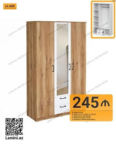 3 qapılı paltar dolabı - Ölçülər: Dərinlik 47 sm, Hündürlük 200 sm
