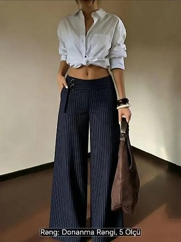 Zolaqlı qadın şalvar - Kəsim: enli balaqlı (wide-leg), düz, yüksək — 3