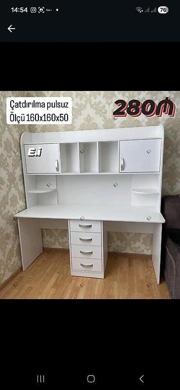 Ağ rəngdə funksional yazı/iş masası – üst hissədə açıq rəf bölmələri — 1
