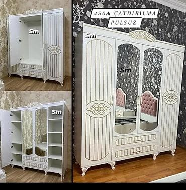 balta: Klassik üslubda 4 qapılı paltar dolabı - Rəng: ağ, qızılı naxışlı — 1