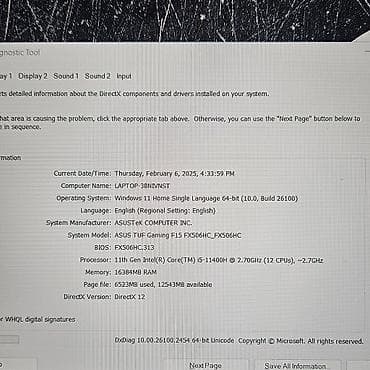 ASUS TUF Gaming F15 FX506HC noutbuku Texniki göstəricilər: -