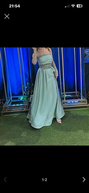 eclat de lune: Zərif ziyafət/libas – açıq firuzəyi rəngdə, uzun və axıcı ətəkli — 1