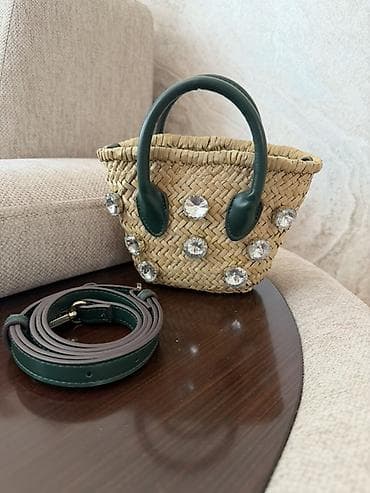 nic bag: Səbət tipli mini çanta – təbii toxuma materialdan, tünd yaşıl dəri — 1
