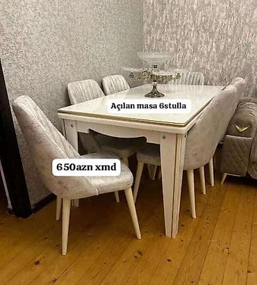bar oturacaqlari: Açılan yemək masası dəsti – 6 stul ilə. - Rəng: ağ, qızılı naxış — 1