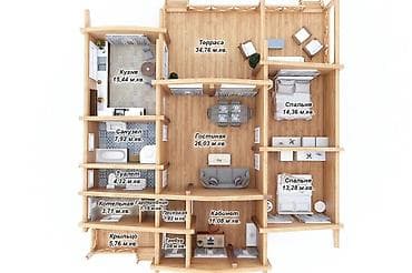 Reklam, çap: Taxta ev layihələri – birmərtəbəli, geniş teraslı Təsvir: - Klassik — 5