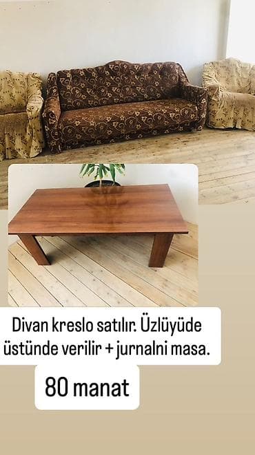 Divan, iki kreslo və jurnallıq masa dəsti. - Divan: qəhvəyi rəngdə — 1