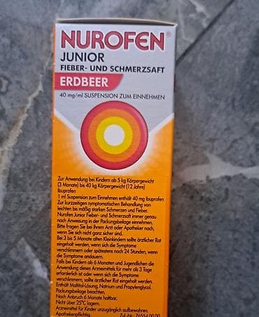 5 yas: NUROFEN Junior Fieber- und Schmerzsaft – Erdbeer dadlı, 40 mg/ml içmək — 1