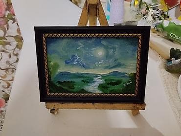 Miniature yağlı boya tablo – Ay işığında mənzərə - Texnika: yağlı