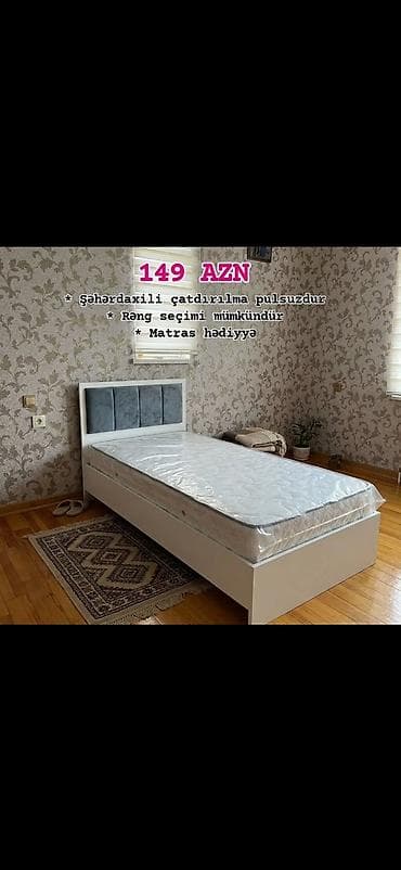 mini masa: Tək nəfərlik müasir çarpayı – başlıqda yumşaq parça panellər, ağ — 5