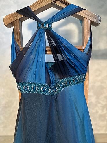 qedimi qol saati: Vintage Yves Calin embellished mesh maxi dress in deep ocean blue — 3