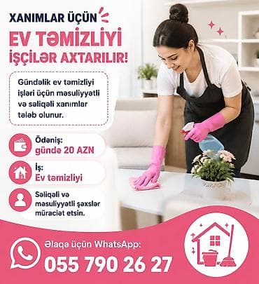 gunluk ev temizliği: Xadimə tələb olunur, İstənilən yaş, 3-5 illik təcrübə, 6/1, Gündəlik ödəniş — 1