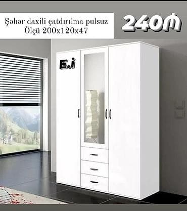 qapi sekilleri: Ağ rəngdə üç qapılı paltar şkafu - Ölçü: 200 x 120 x 47 sm - — 1