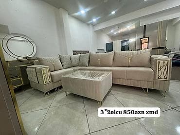 Divan və masa dəstləri: Künc divan dəsti – zərif bej rəngdə, qızılı dekor elementləri və metal — 1