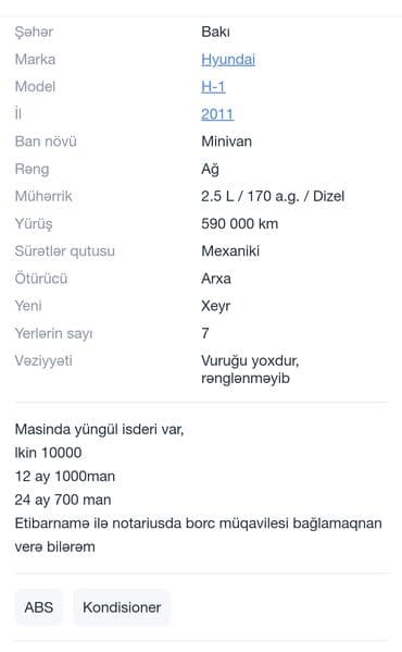 kirditle masinlar: Hyundai H-1 (Grand Starex): 2.5 l | 2011 il Van/Minivan — 8