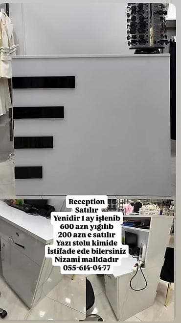 Resepsiyon/iş masası satılır - Rəng: ağ, ön paneldə qara dekorativ
