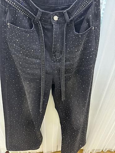 ultra 2: Qara rhinestone detallı denim şalvar - Material: qalın denim (pambıq — 3