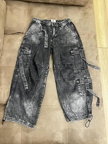 cins godəkcə: Unisex geniş kəsimli cargo cins şalvar - Rəng: tünd yuyulmuş/acid — 1