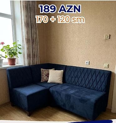 krep parca: Künc divan – tünd mavi rəngdə, məxməri/parça üzlüklü. Sadə və zərif — 1