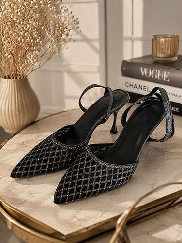 Qadın baletka-kablu ayaqqabı (slingback) - Rəng: qara, metalik