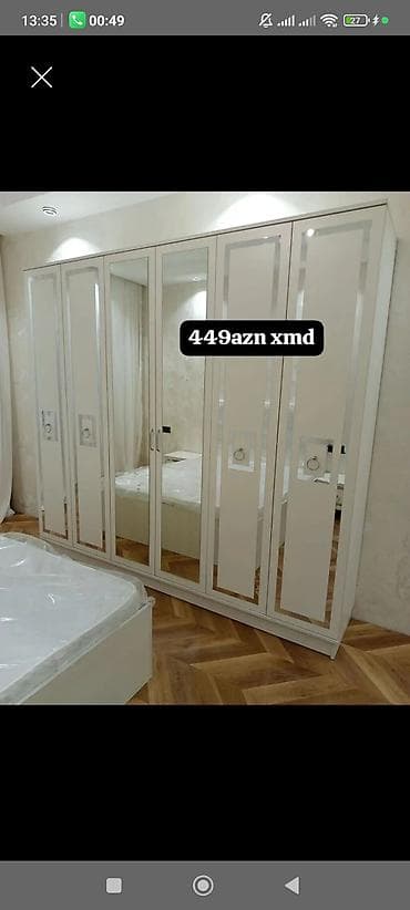 oturaca: Ağ rəngdə, 6 qapılı güzgülü qarderob dolabı. - Klassik-modern — 1