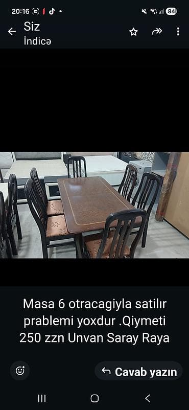 parta stullari: Yemək otağı üçün masa və 6 ədəd stul dəsti. Xüsusiyyətlər: - Dördkünc — 1