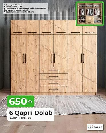 seyf qapi: 6 qapılı geyim dolabı – laminat 18 mm. Ölçü: 47×250×240 sm. Daxili — 1
