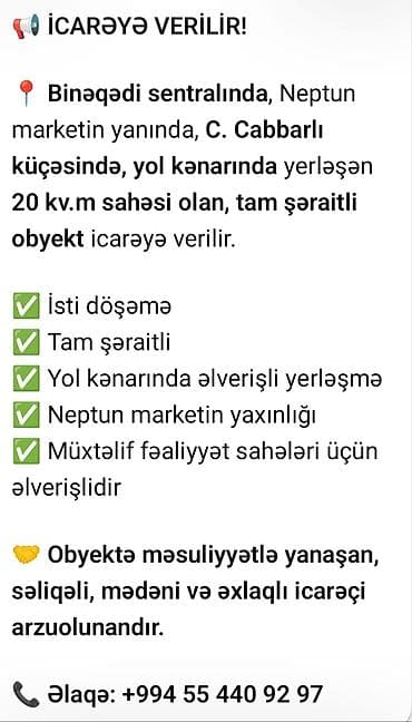 icarə avtoservis: İcarəyə obyekt – Binəqədi sentralında, Neptun marketin yanında, C — 1