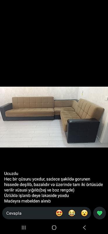 tek divan: Müasir dizaynlı L formalı künc divan dəsti - Rəng: bej parça oturacaq — 1