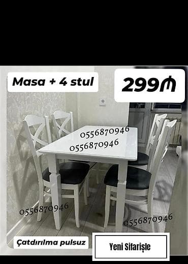 Mətbəx üçün, Yeni, Açılmayan, Dördbucaq masa, 4 stul